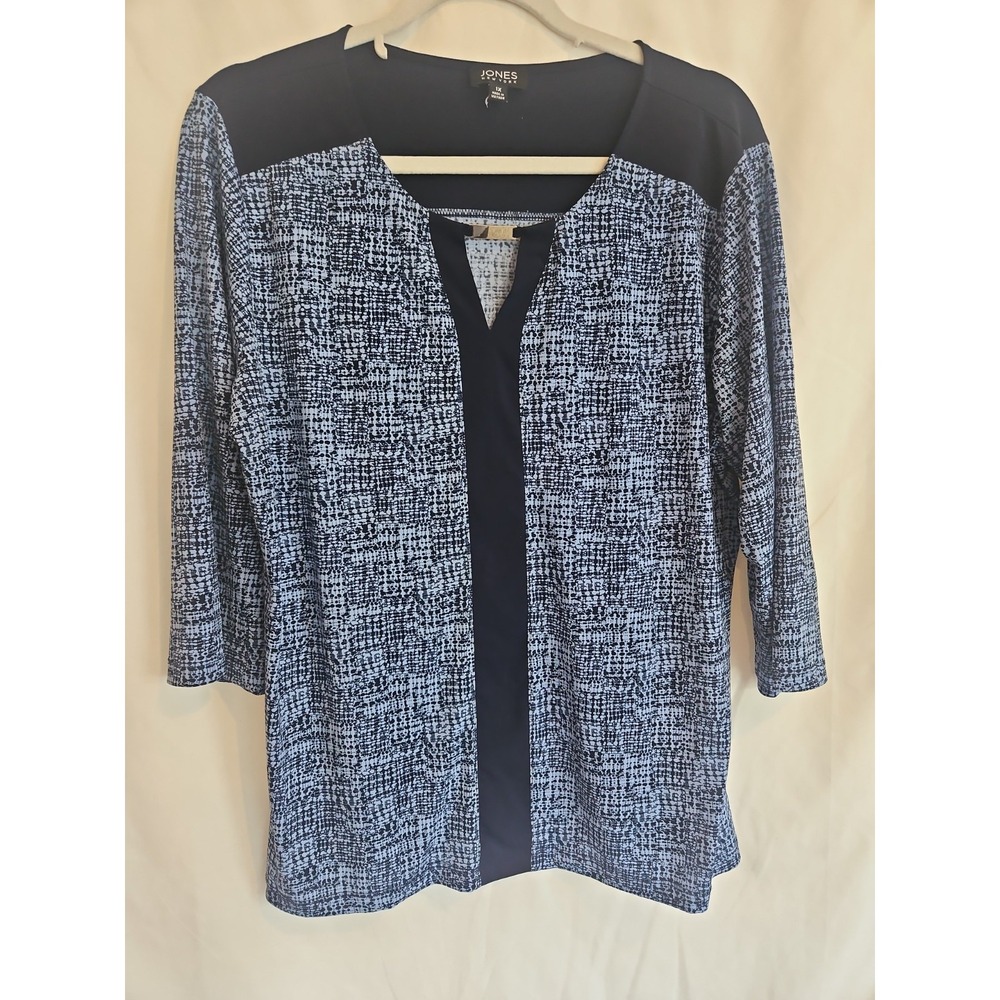 Jones New York Blouse Womens 1X Blue Excellent 3/4 Sleeve Abstract Split V-Neck